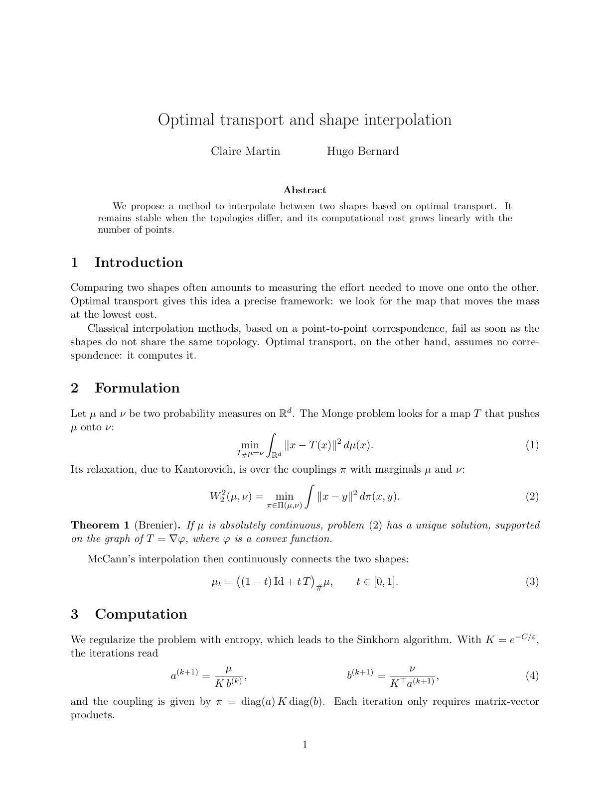 Page 1 of the LaTeX output of the paper “Optimal transport and shape interpolation”