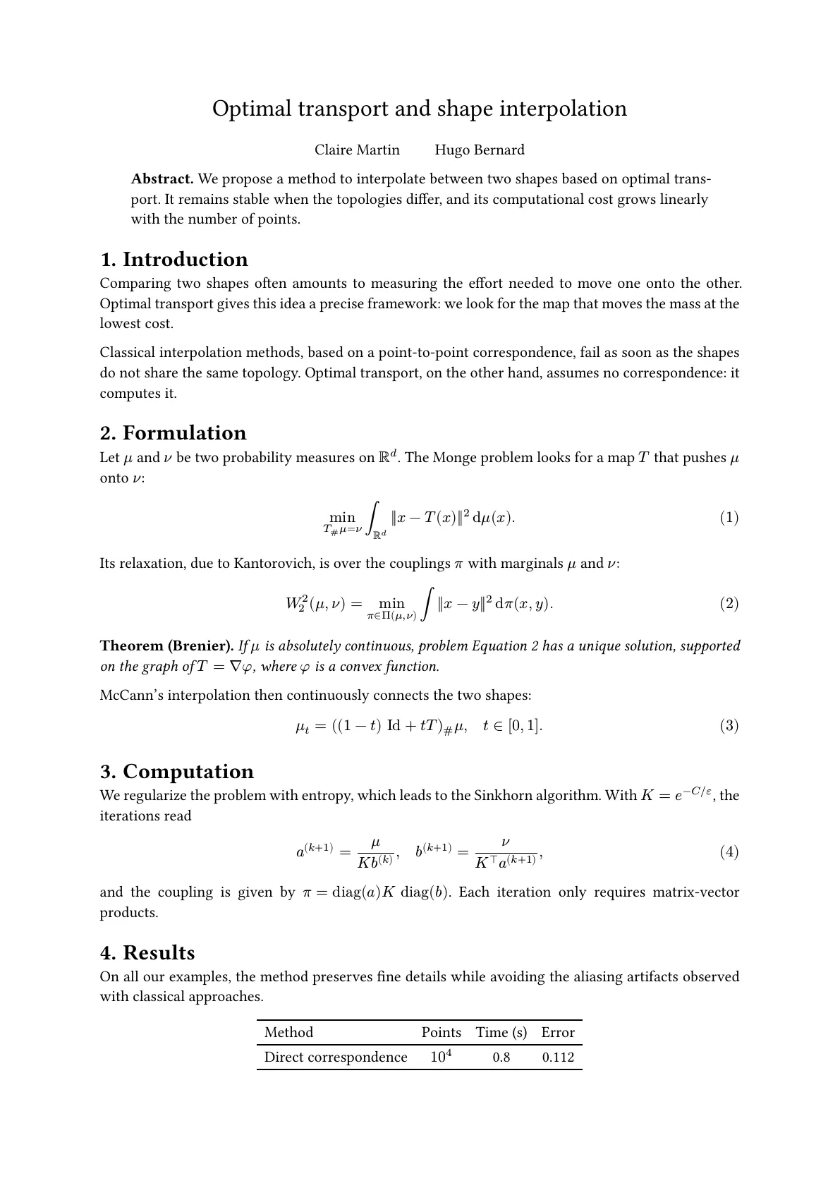 Page 1 of the Typst output of the paper “Optimal transport and shape interpolation”