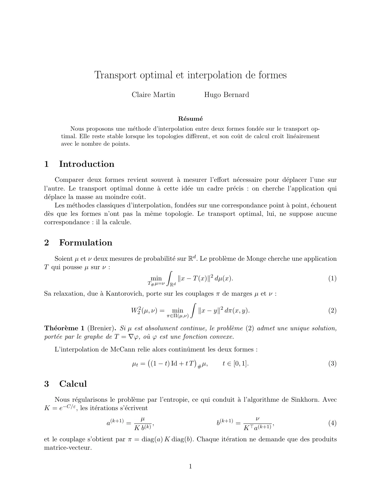 Page 1 du rendu LaTeX de l'article « Transport optimal et interpolation de formes »