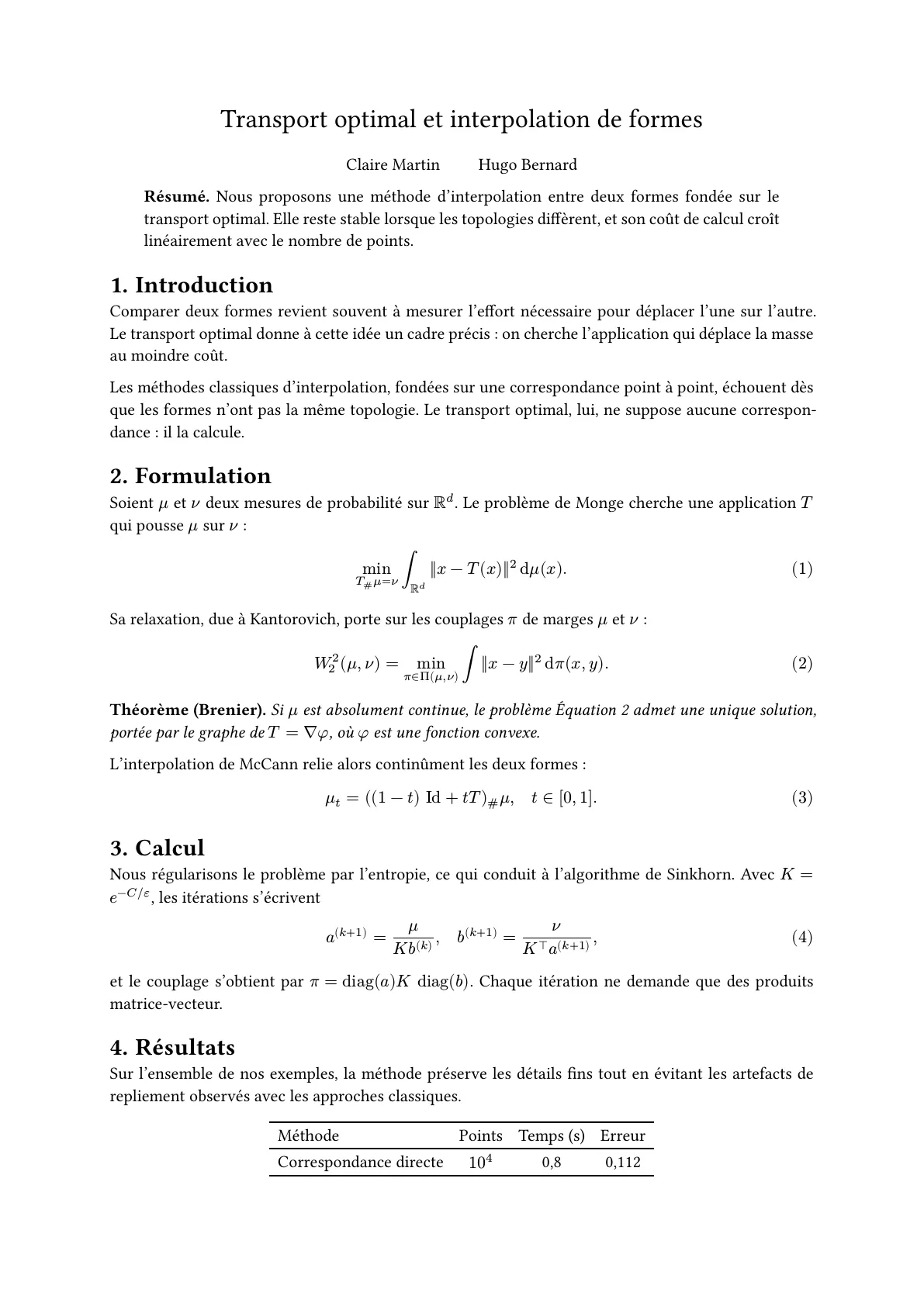 Page 1 du rendu Typst de l'article « Transport optimal et interpolation de formes »
