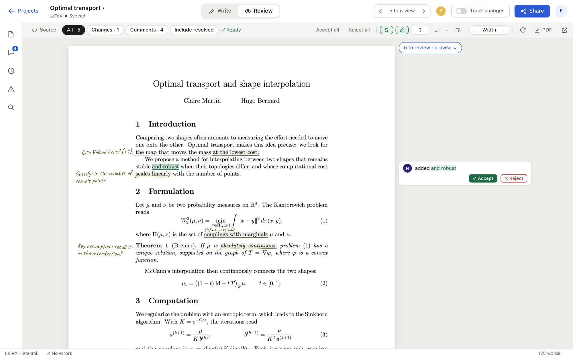 Review mode: the rendered page with handwritten notes in the margin and underlined passages.