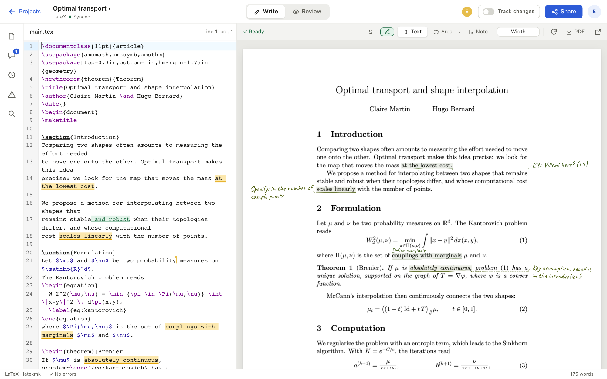 The sharedraft editor: LaTeX source on the left, the rendered paper on the right, annotated by hand in the margin by the co-authors.